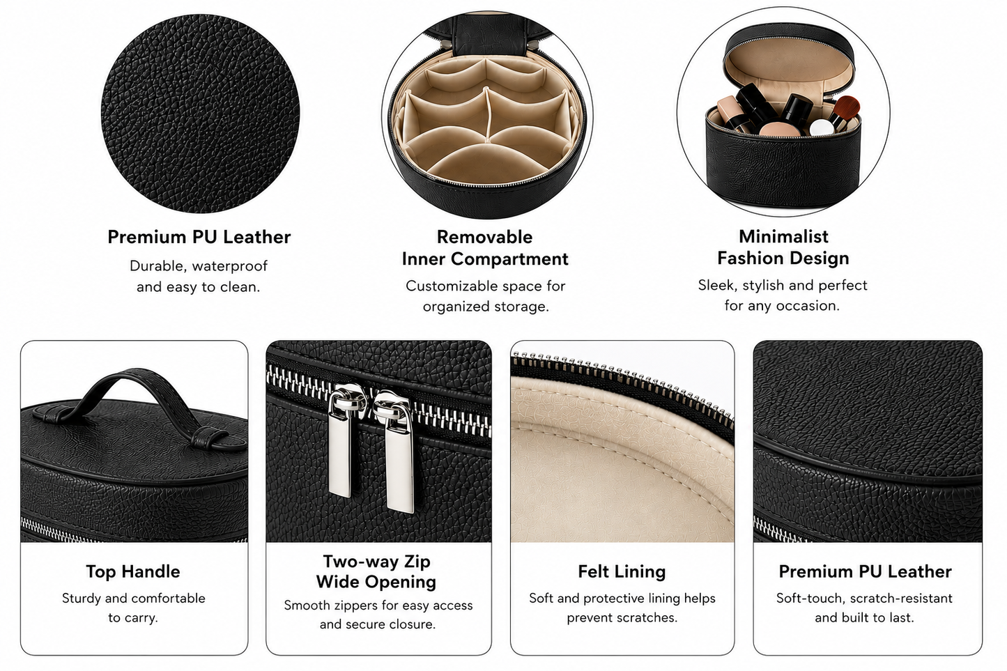Midnight Black Premium Leather Vanity Bag